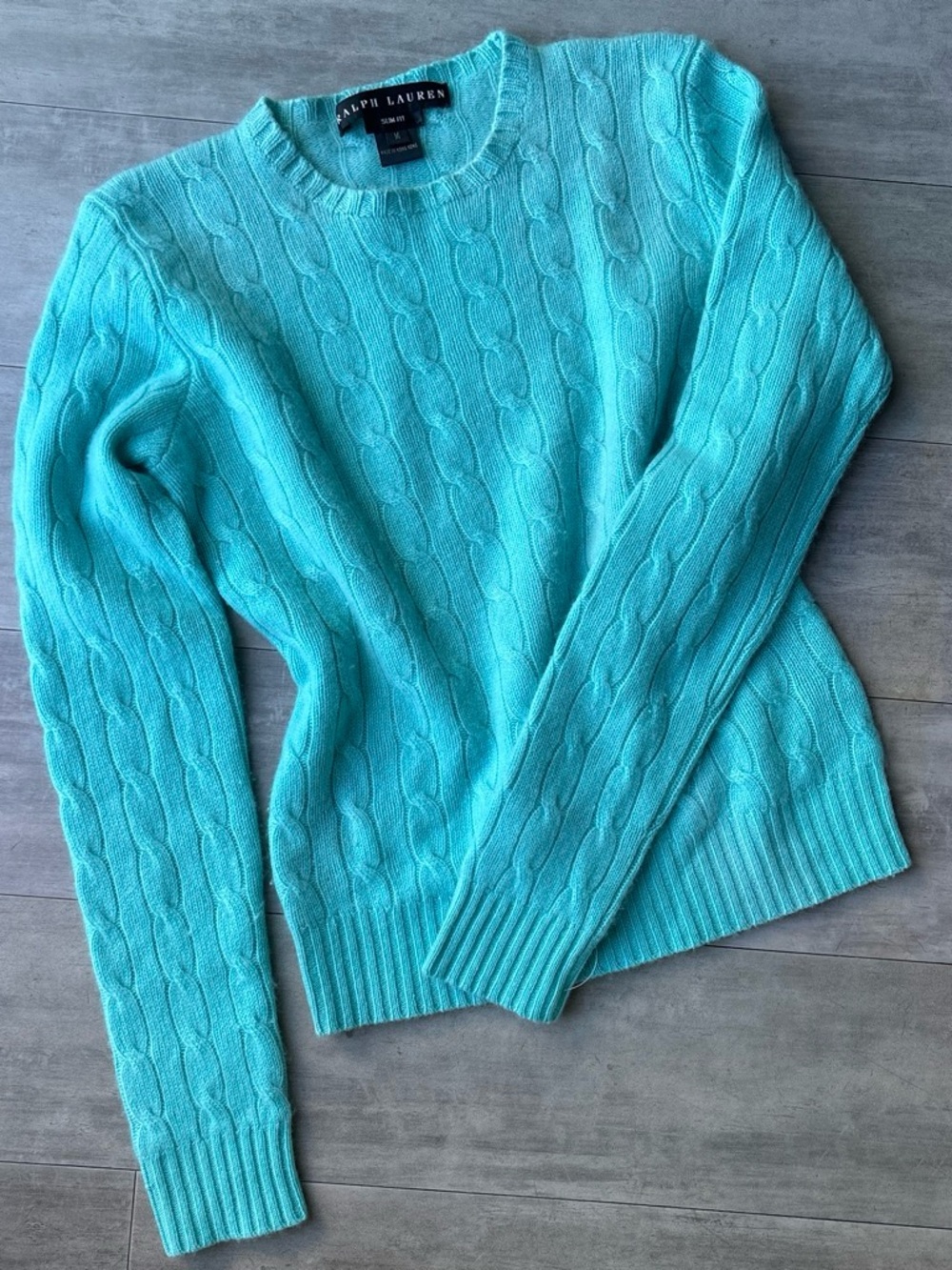 Ralph Lauren 100% Cashmere Cable-Knit Crewneck Sweater Aqua Turquoise Slim M